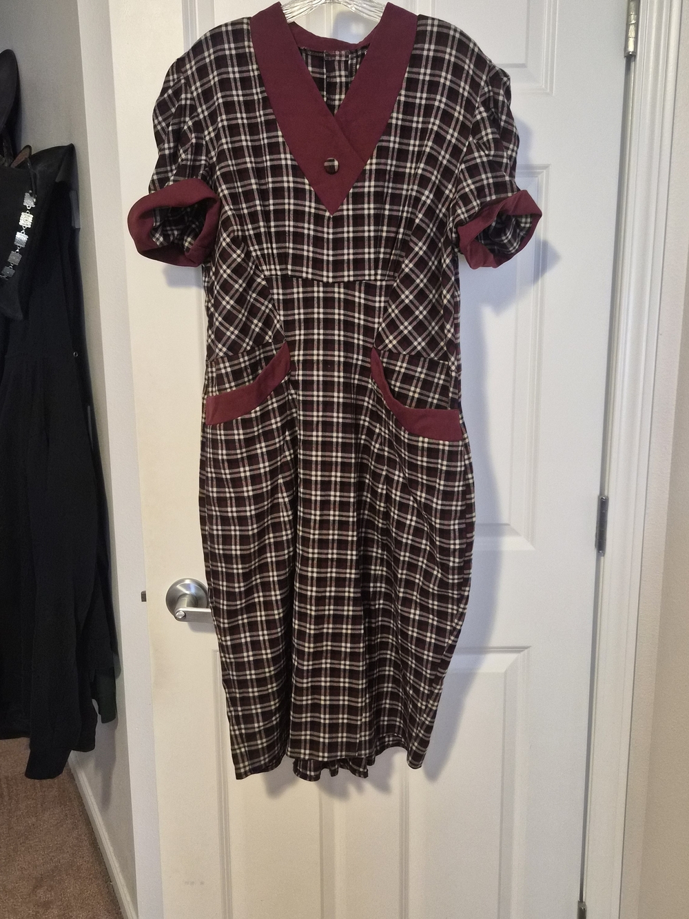 Vintage Inspired Plaid Midi Wiggle Dress with Contrast Trim in Burgundy